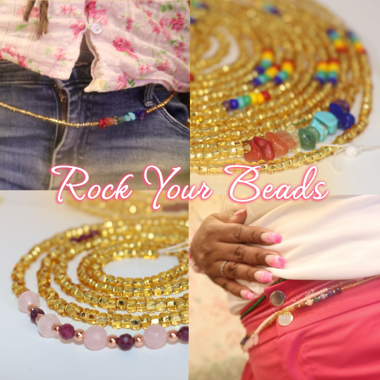 Finished waist bead strands being worn